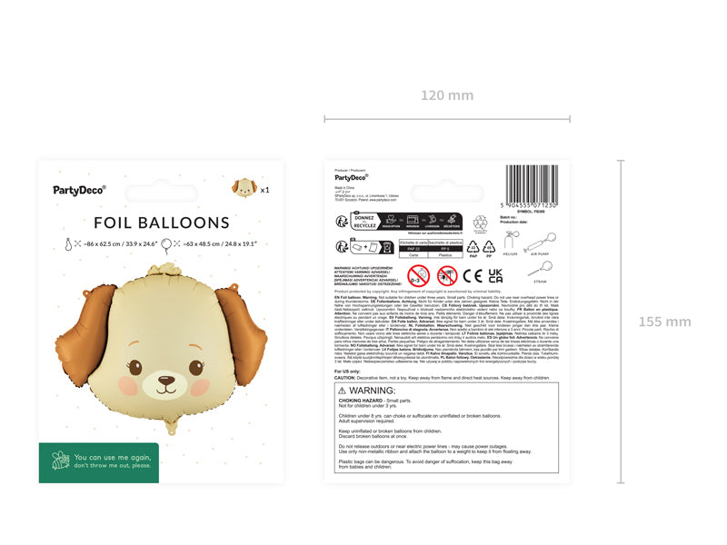 PartyDeco Folienballon Hund – Beige – 63 × 48,5 cm – Folie – 1 Stk