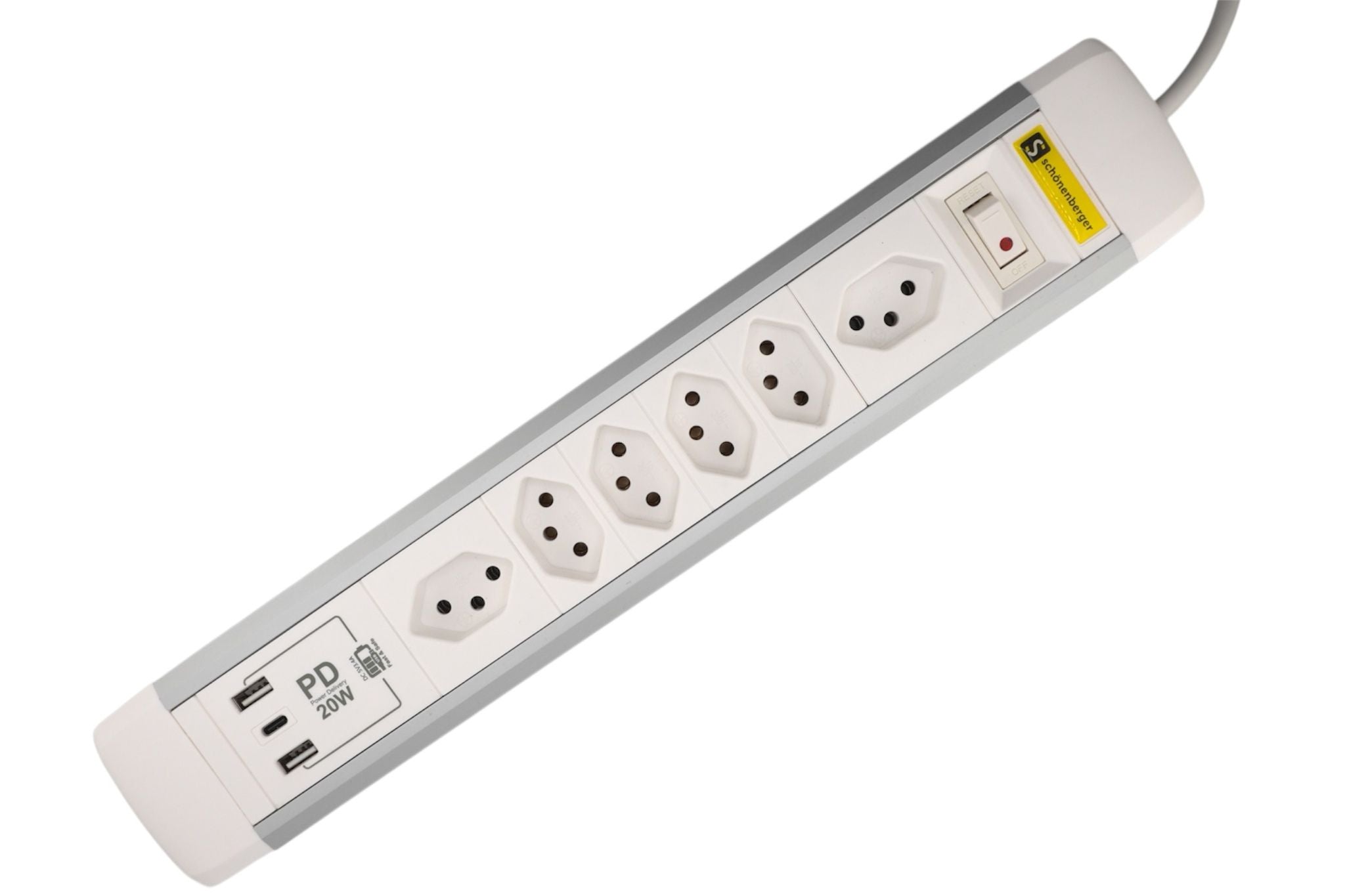 M. Schönenberger Schönenberger Standard Steckdosenleiste, 6×T13, 3×USB (1×USB‑C 20 W), mit Schalter, 2 m – Weiss