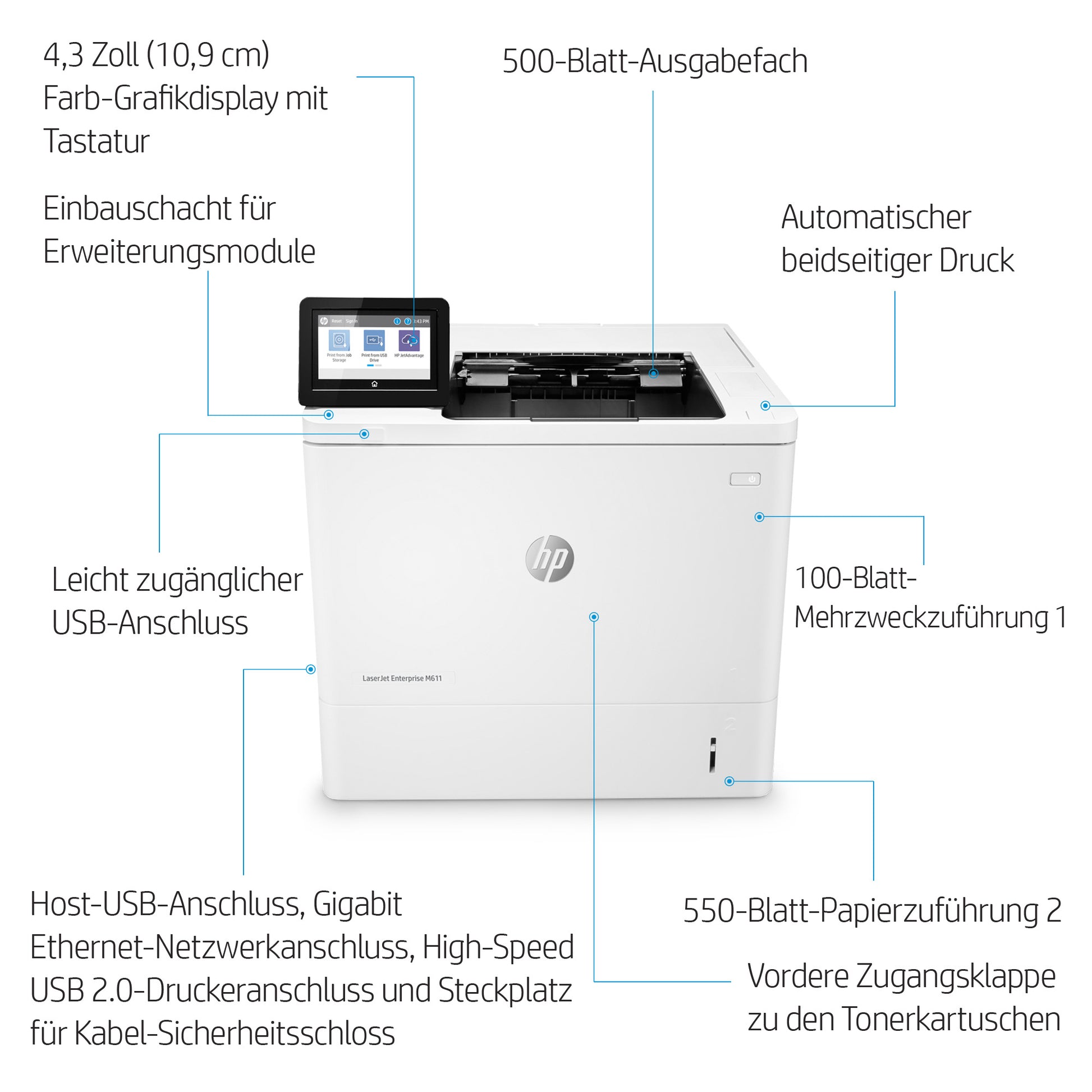 HP LaserJet Enterprise M611dn – A4, S/W, Duplex, 61 S./Min., 1200 × 1200 dpi, WLAN/LAN/USB, Papier: 650 Blatt