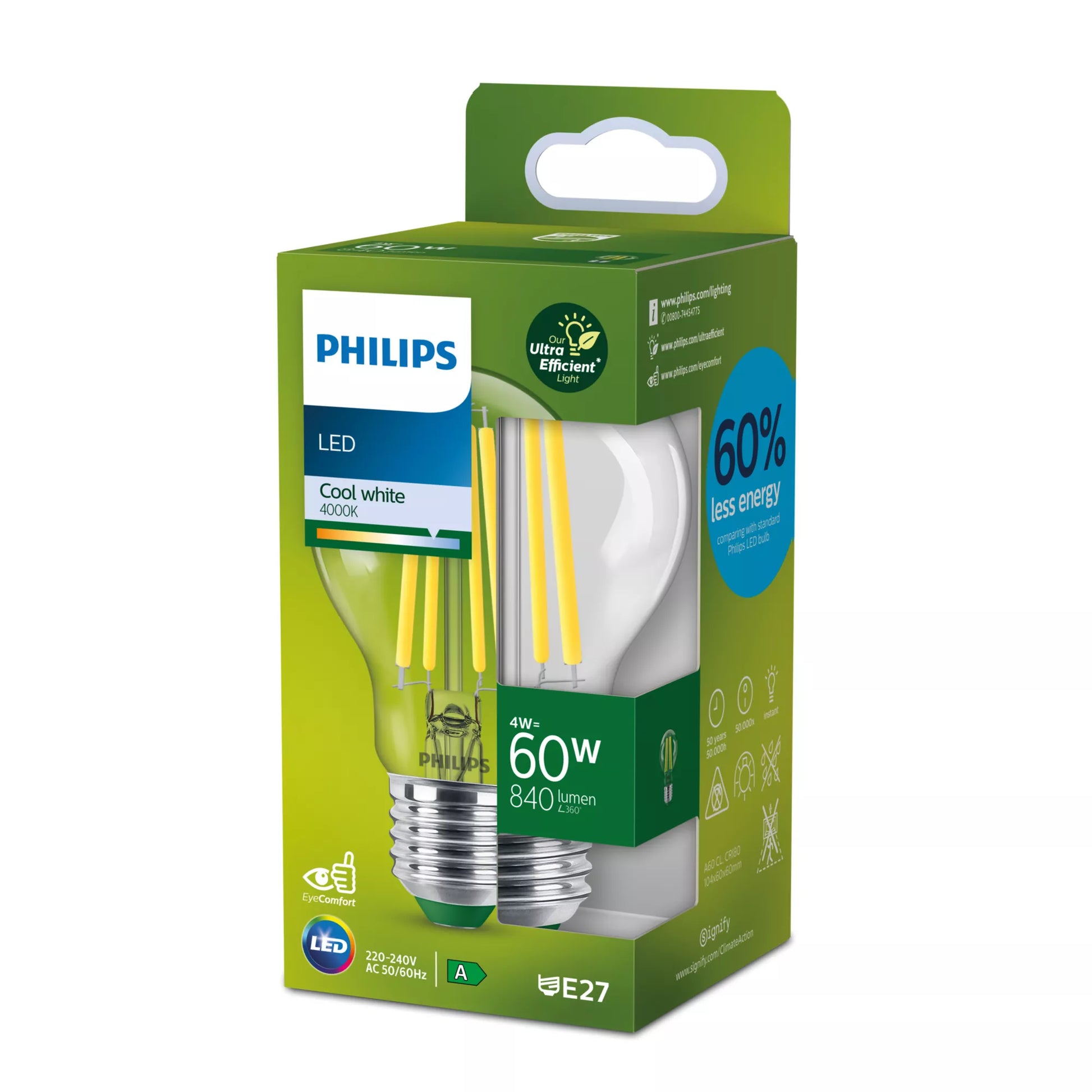 Philips by Signify Philips LED-Leuchtmittel E27 A-Form – 840 lm, 4 W, Neutralweiss 4000 K, 300° – 1 Stk., Transparent, Glas
