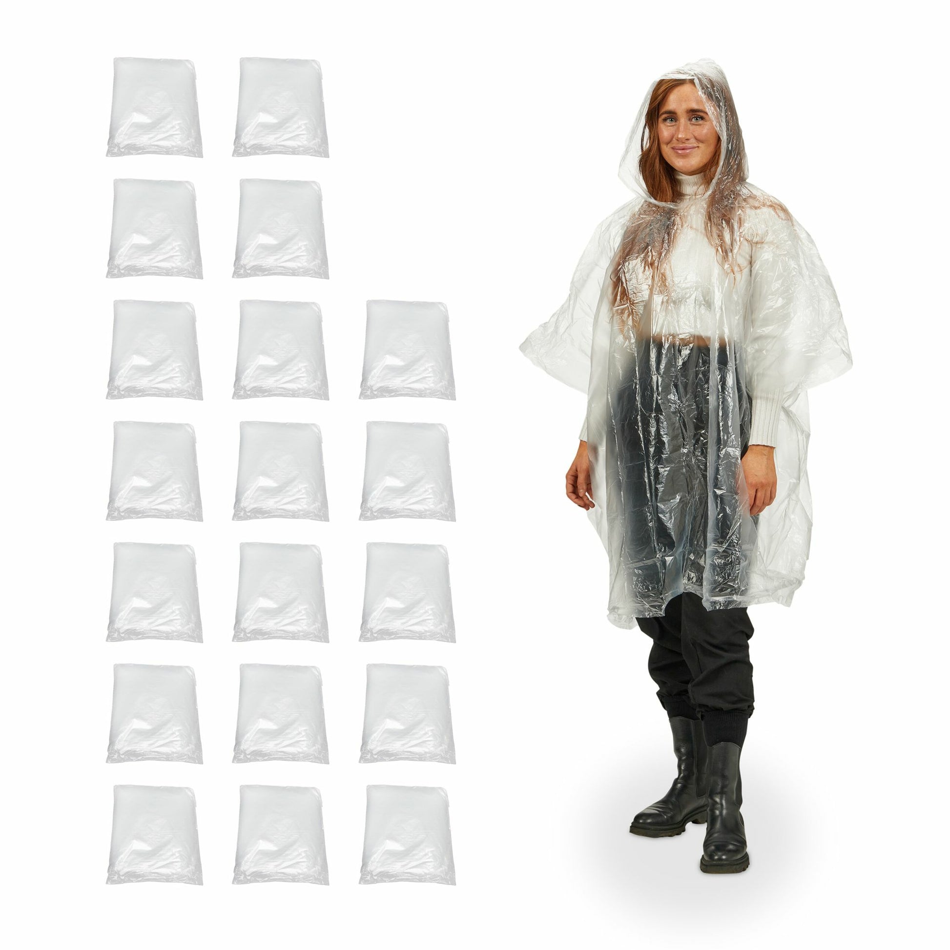 Relaxdays Regenponcho – mit Kapuze – 125 × 122 cm – transparent, Polyethylen (PE) – 20 Stk.