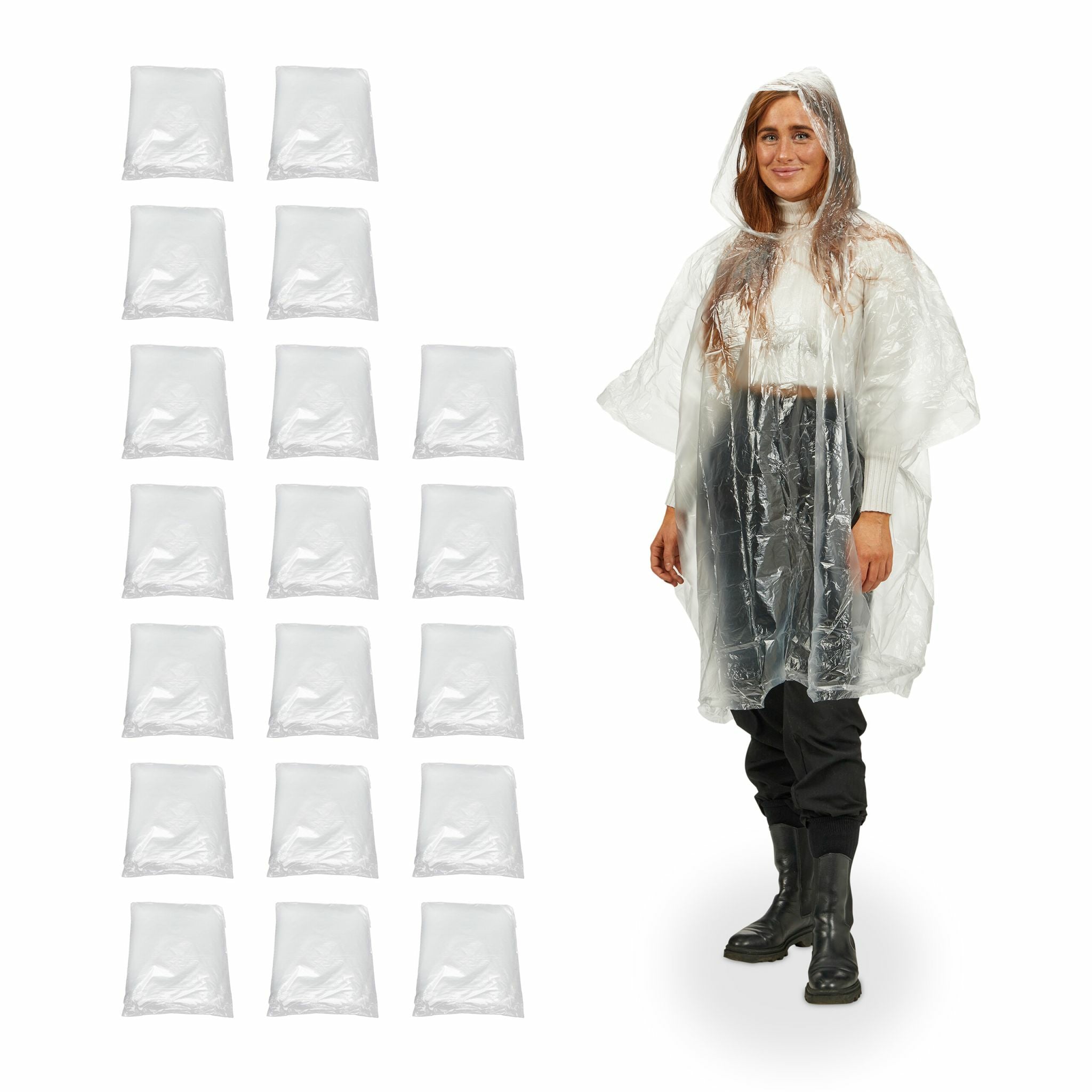 Relaxdays Regenponcho – mit Kapuze – 125 × 122 cm – transparent, Polyethylen (PE) – 20 Stk.