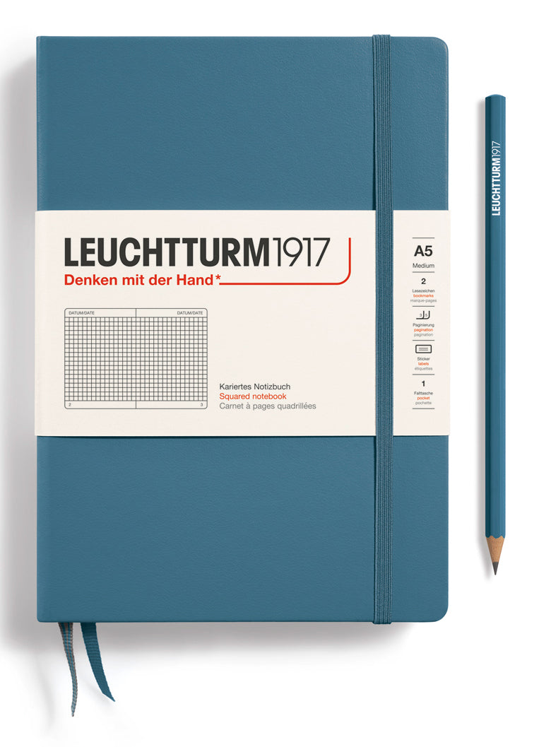 Leuchtturm Notizbuch – A5 – 251 Seiten – 80 g/m² – Hardcover, Gummiband, Einstecktasche, Blau, FSC