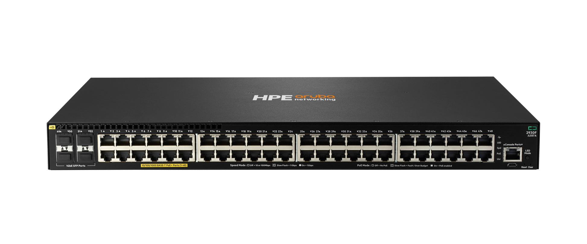 HPE Aruba 2930F-48G (JL557A) – Managed Switch – 48×GbE, 4×SFP+, L3, PoE+ 740 W, 1U