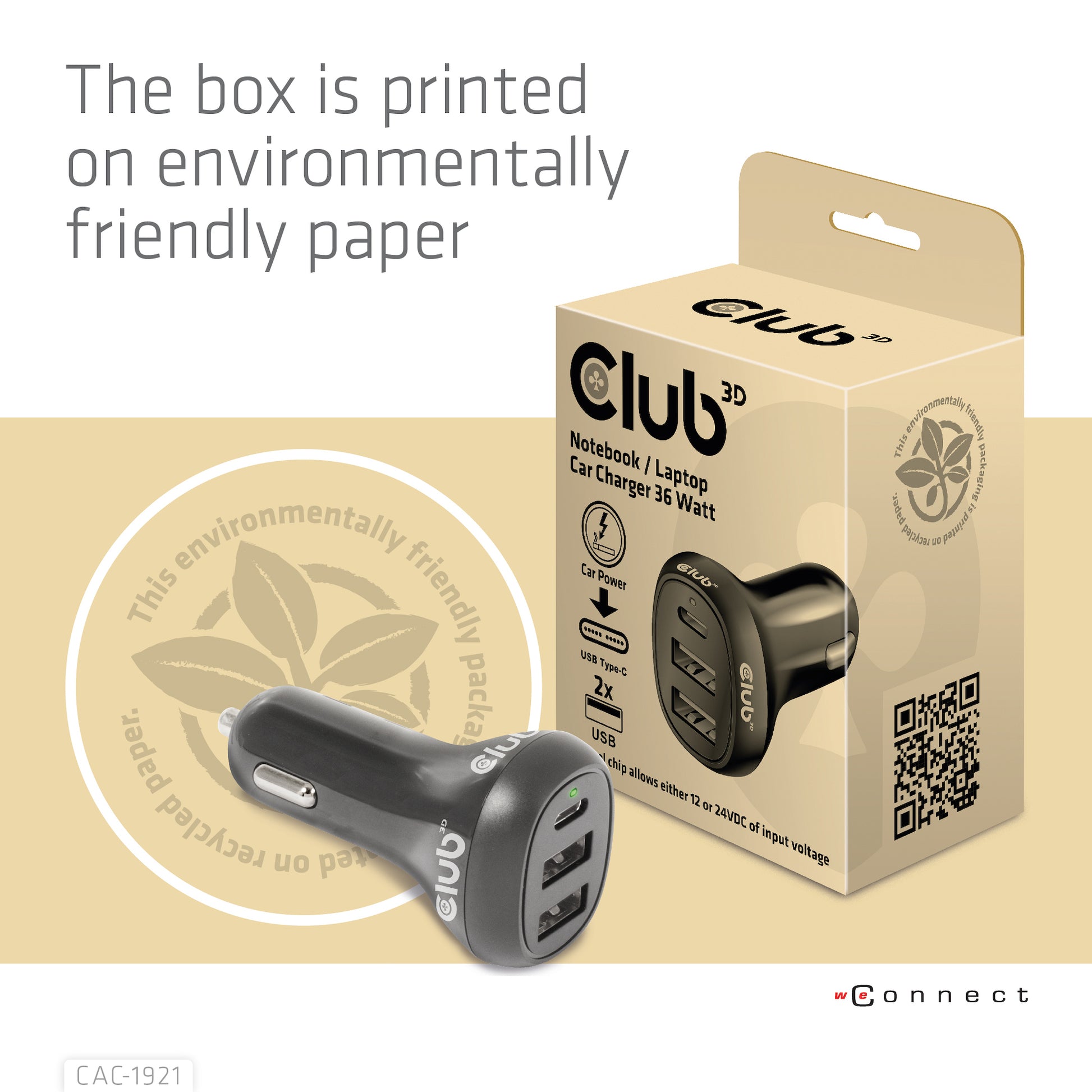 CLUB3D Club 3D CAC-1921 Auto-Ladegerät 36 W – USB-C×1, USB-A×2 – 12–24 V – Schwarz