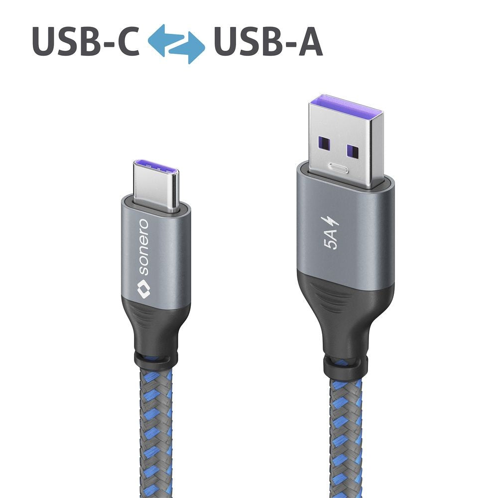 Sonero – USB-C auf USB-A Kabel – USB 2.0 (480 Mbit/s) – 1 m – PD 100 W – Textilmantel, Nickelkontakte