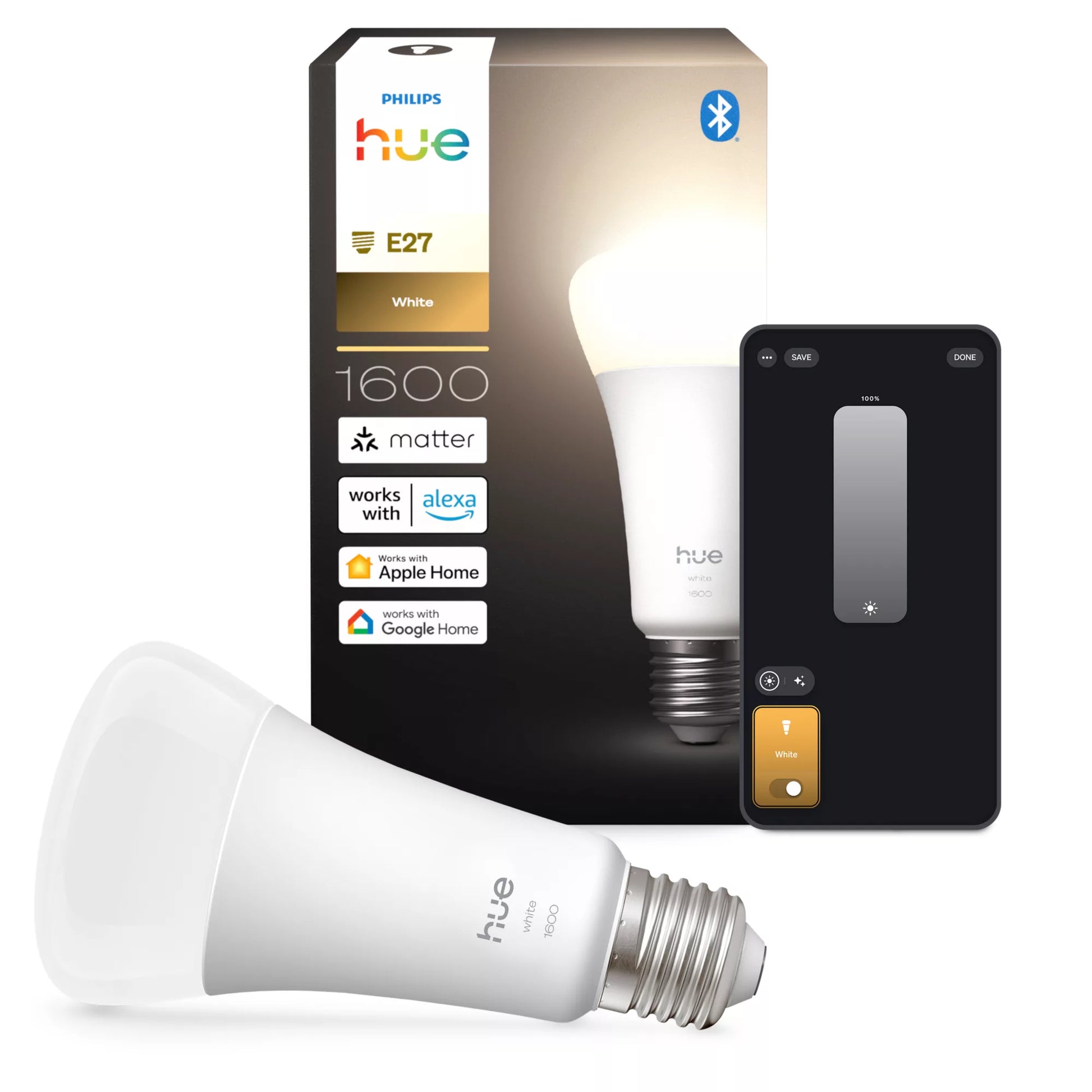 Philips by Signify Philips Hue Smart-Leuchtmittel E27 – Warmweiss 2700 K, 1600 lm, 13,5 W, Bluetooth/Zigbee