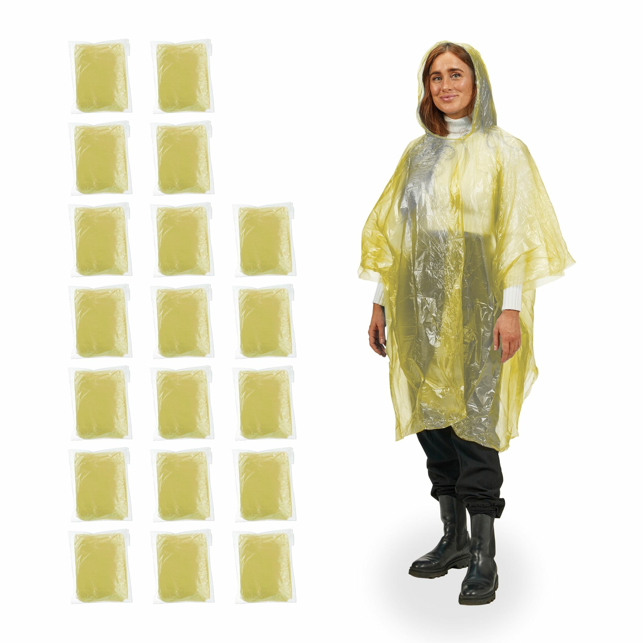 Relaxdays Regenponcho – Einheitsgrösse, mit Kapuze, ca. 125 × 122 cm – Gelb – Polyethylen (PE) – 20 Stk.
