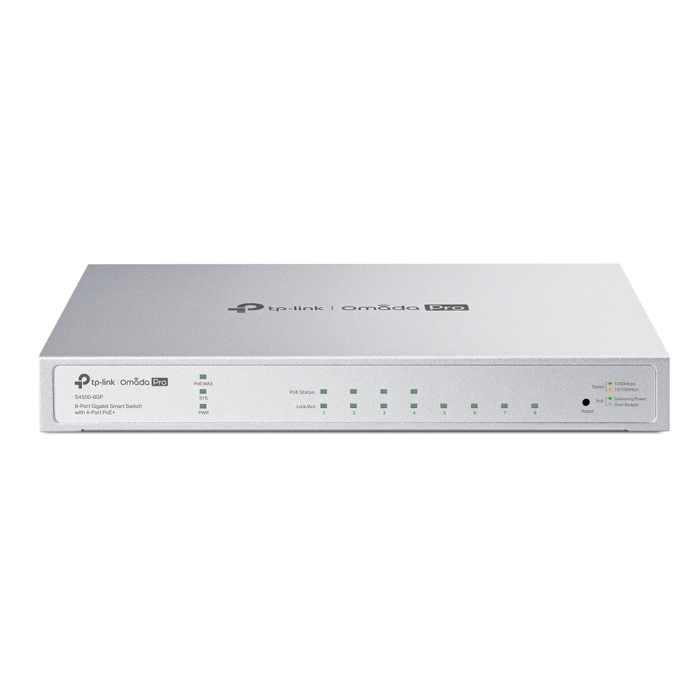 TP-Link S4500-8GP – Managed L2/L3 Switch – 8× 1G, 4× PoE+, PoE-Budget 62 W, Desktop