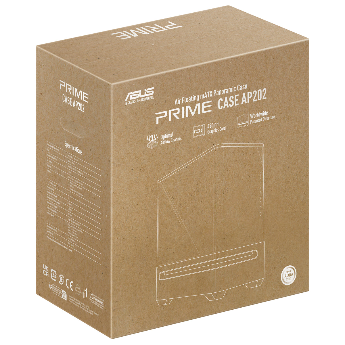 ASUS AP202 PRIME TG – PC-Gehäuse – Mid-Tower – mATX/Mini-ITX, 6× Lüfterplätze, Weiss, Sichtfenster