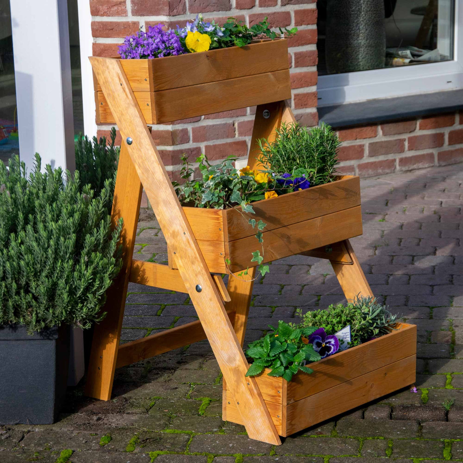 Dobar Hochbeet Pflanztreppe – 70 × 90 × 70 cm – Kiefernholz & Kunststoff, Braun