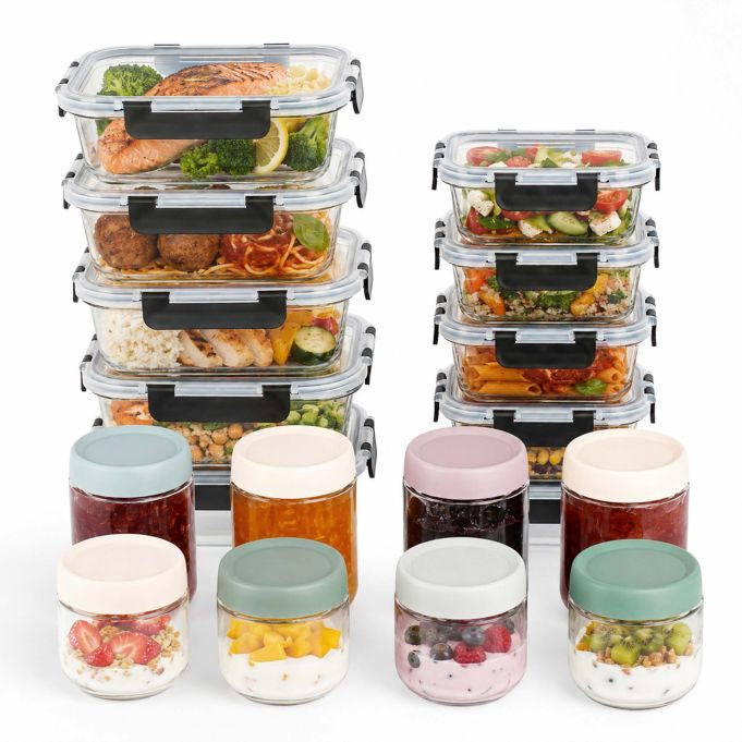 Relaxdays Vorratsdose 1,0 l, 21 × 16 × 11,5 cm, Glas/Kunststoff, 18 Stk.