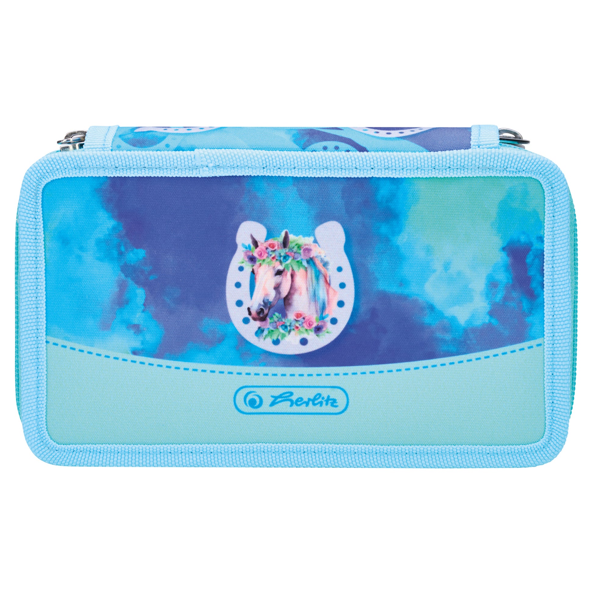 Herlitz Schüleretui, 2 Klappen, gefüllt (23-teilig), Lucky Horse, blau, Polyester, 19,3 × 11,5 × 5 cm