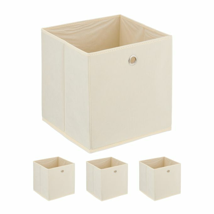 Relaxdays Aufbewahrungsbox Set 4-teilig – Karton/Vlies/Eisen – Beige/Silber – 300 × 300 × 300 mm