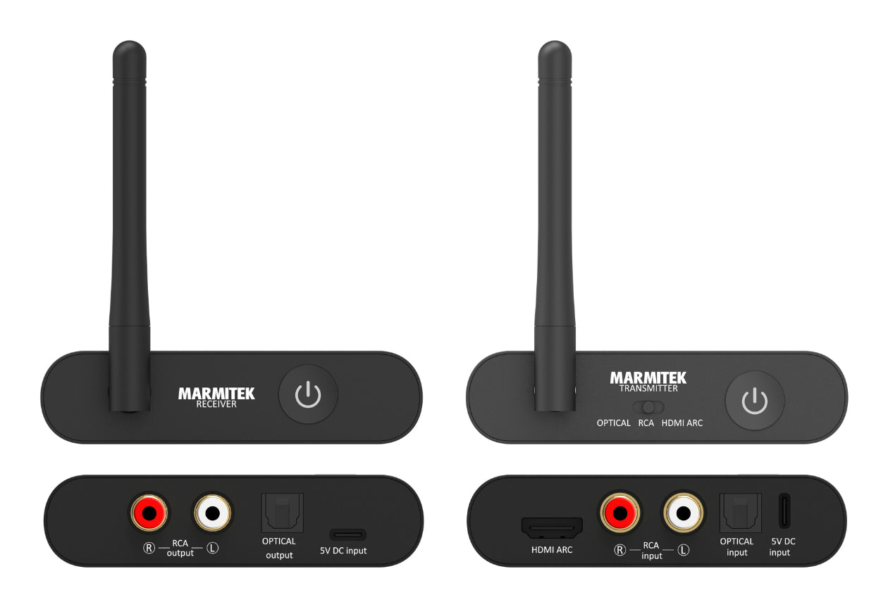 Marmitek Audio Anywhere 730 – Kabelloses Audio-Extender-Set, 1× HDMI Eingang, RCA/Toslink, 100 m, Stereo, HDMI ARC