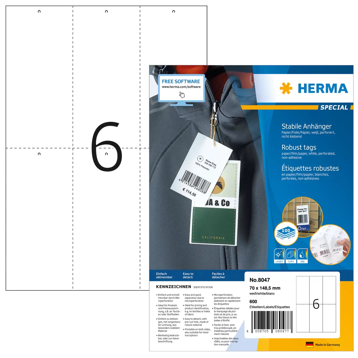 HERMA Schmucketiketten – Papier, 600 Stk, 100 Bogen, 70×148,5 mm