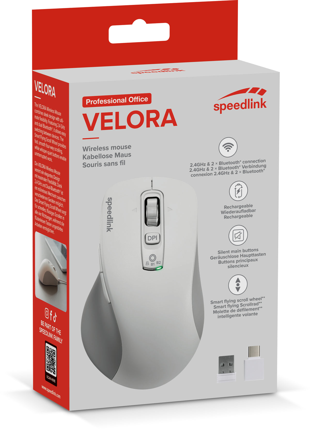 SPEEDLINK VELORA – Maus – Kabellos (Bluetooth/2,4 GHz), 4800 DPI, rechts, Weiss