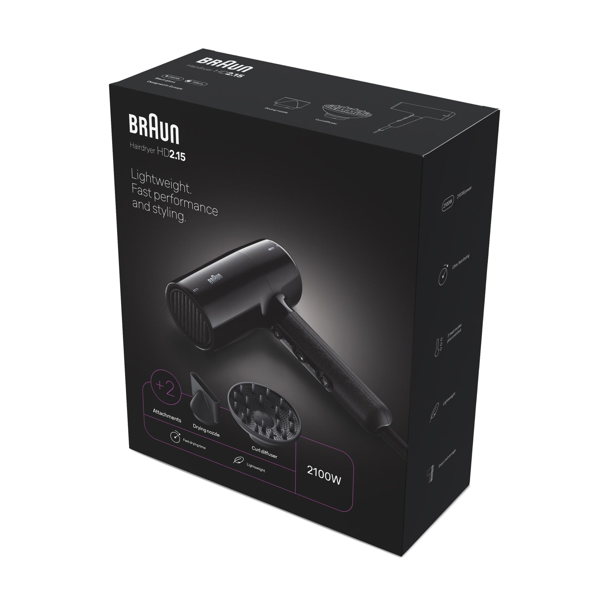 Braun Haartrockner HD2.15 – 2100 W, 2 Geschwindigkeiten, 3 Heizstufen, Cool Shot, Diffusor – Schwarz