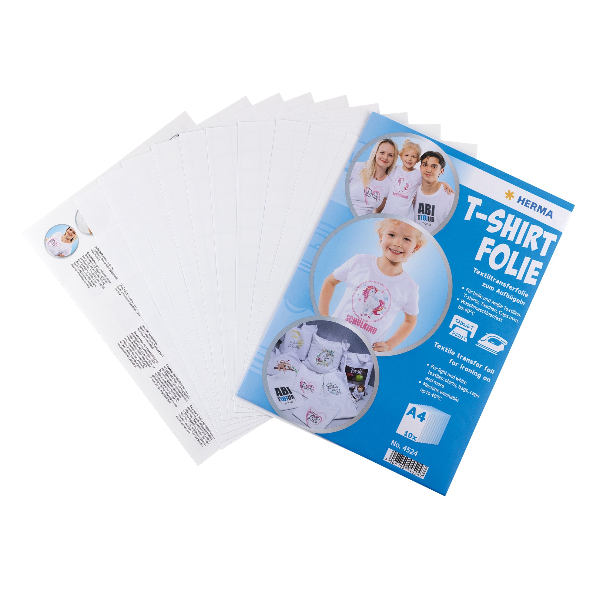 HERMA Aufbügelfolie Weiss – matt, A4, Inkjet, für helle Textilien, 20 Blatt