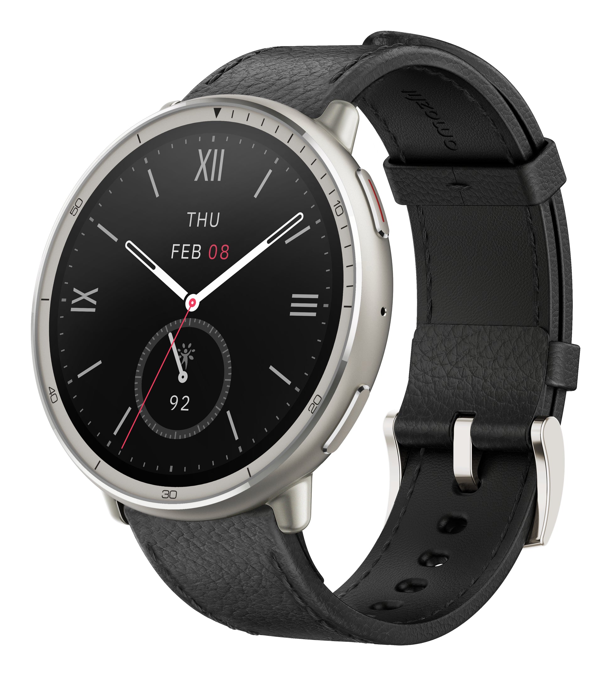 Amazfit Active 2 44 mm GPS – Edelstahl Silber, Lederband Schwarz, 50 m, für iPhone