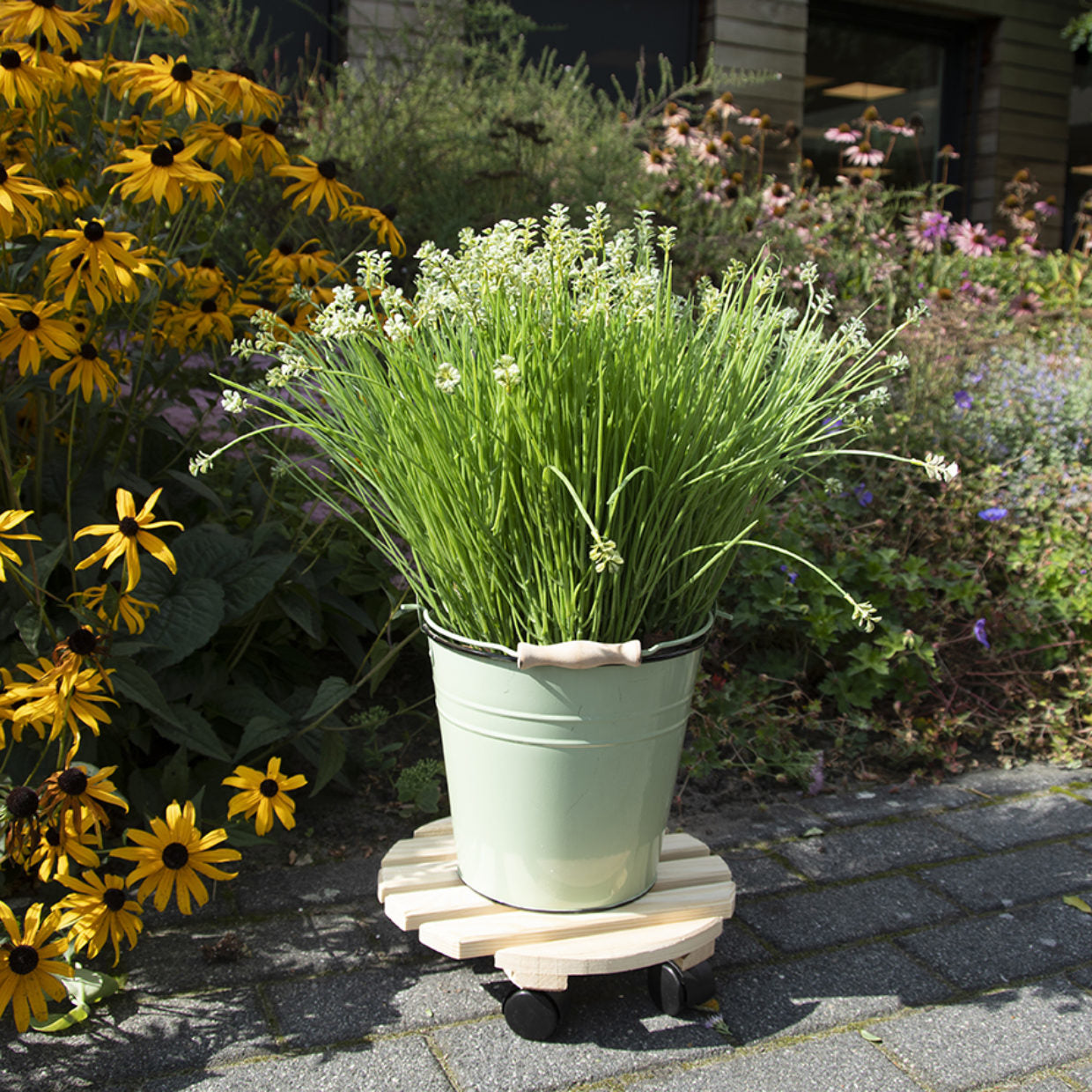 Esschert Design Blumenkübeluntersetzer – Kiefernholz/Polyamid/Polypropylen – Schwarz/Natur – 4 Rollen – Ø 287