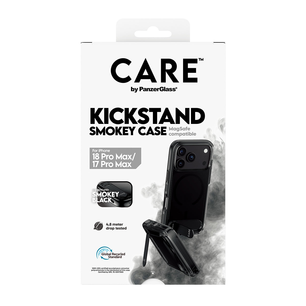 PanzerGlass CARE Kickstand – Backcover – für Apple iPhone 18 Pro Max / iPhone 17 Pro Max, PC+TPU, Smokey Schwarz
