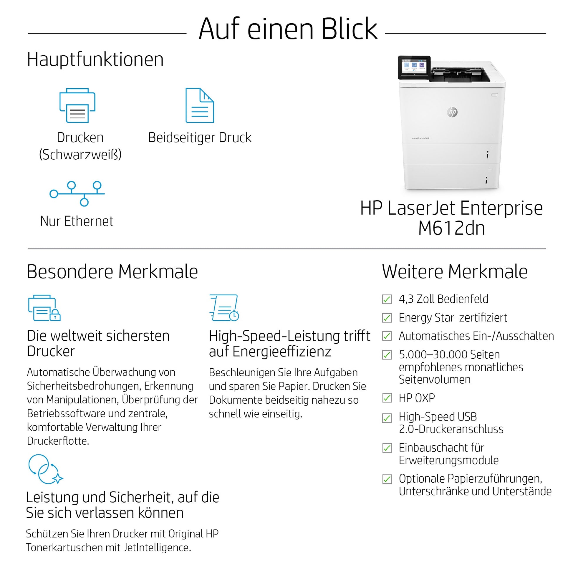 HP LaserJet Enterprise M612dn – A4, S/W, Duplex, 71 S./Min., 1200 × 1200 dpi, LAN/USB, Papier: 650 Blatt