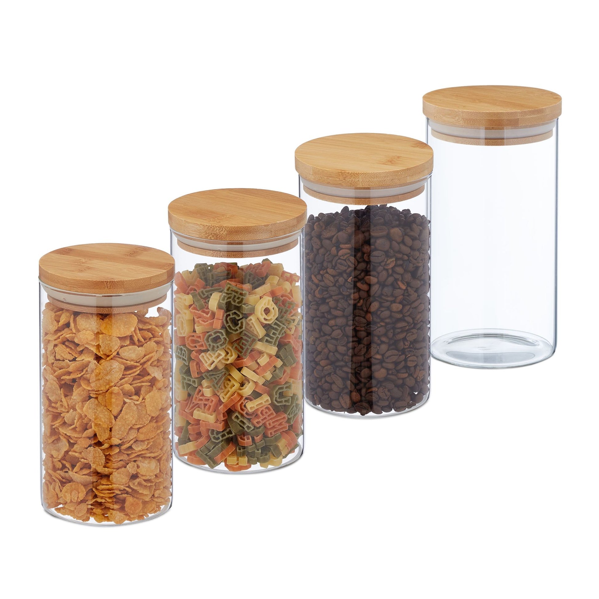 Relaxdays Vorratsdose 1 l, Ø 10 × 18 cm, Glas/Bambus/Silikon, 4er-Set, Transparent/Beige