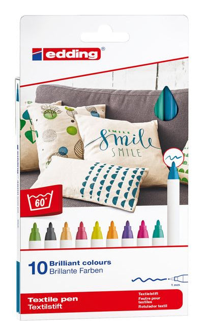 Edding Textil-/Stoffmarker – Rundspitze 1,5–3 mm, 10 Farben, 10 Stk., auswaschbar – für Stoffe