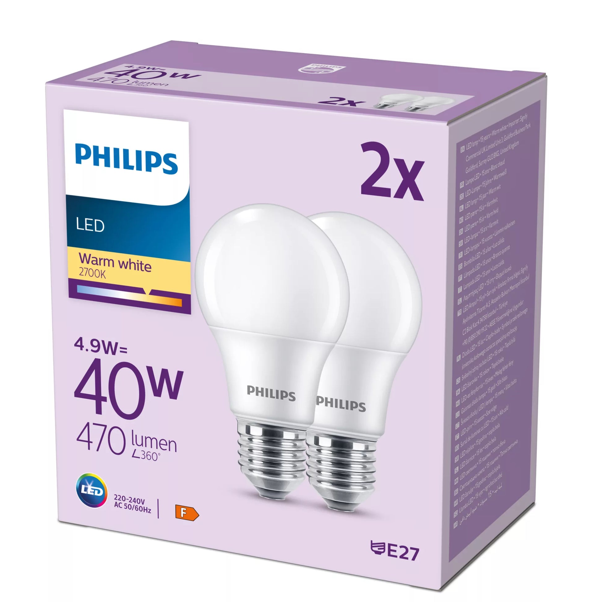 Philips by Signify Philips LED-Leuchtmittel E27 A-Form – Warmweiss 2700 K, 470 lm, 4,9 W – 2 Stk.