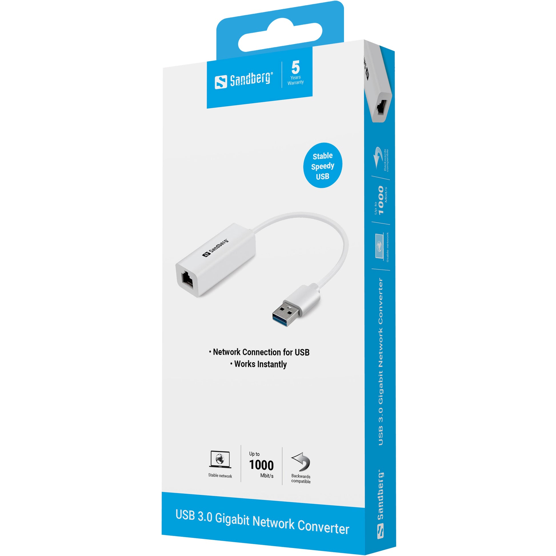 Sandberg Netzwerkadapter USB-A zu RJ-45 – 1 Gbit/s, USB 3.2 Gen 1 (5 Gbit/s), für Windows, Mac OS, Weiss