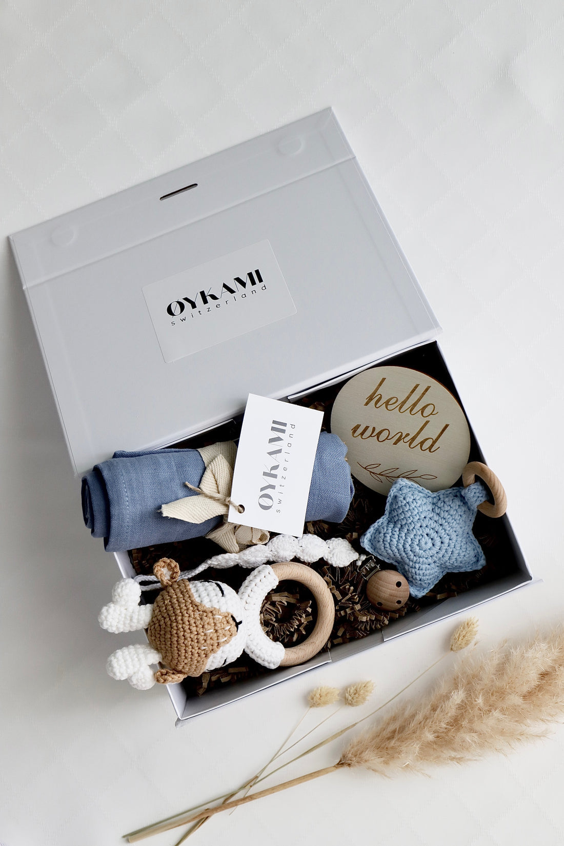 OYKAMI Geschenkbox – Organische Baumwolle, Holz – Blau, Weiss