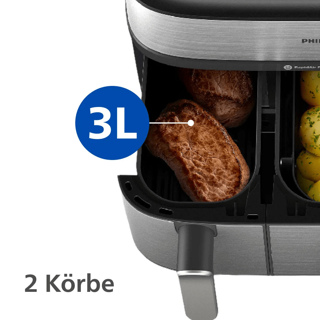 Philips Heissluftfritteuse NA555/00 – 9 l, Doppelkorb & Rapid Air, 2750 W – silber