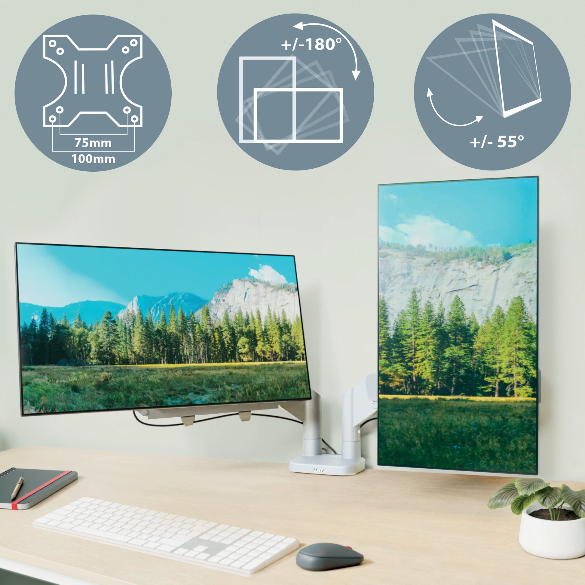 Leitz Ergo 65370085 – Monitorarm, Dual, bis 32", VESA 75 × 75/100 × 100 mm, 9 kg, grau