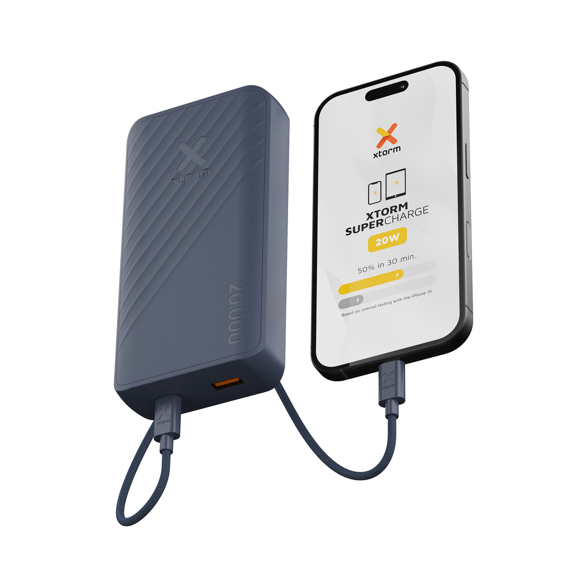 Xtorm Go2 Powerbank 20'000 mAh – 20 W PD, 1× USB-C, 1× USB-A, blau, für Samsung & iPhone