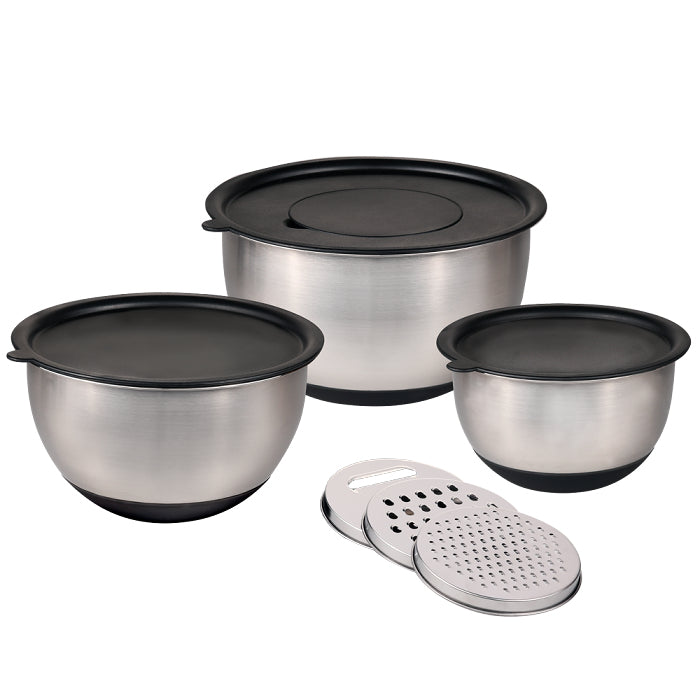 Kesper Schüssel-Set 3-teilig, Ø 18/22/26 cm, Edelstahl/Silikon, Silber/Schwarz, mit Deckeln
