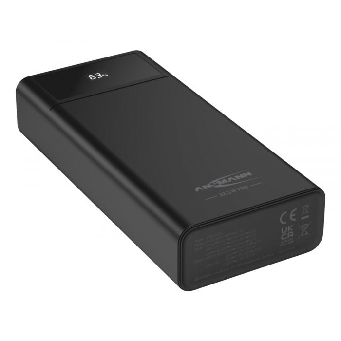 Ansmann Powerbank 24000 mAh, PD 22,5 W, 1× USB-C, 2× USB-A, mit LED-Display, für Smartphones, schwarz