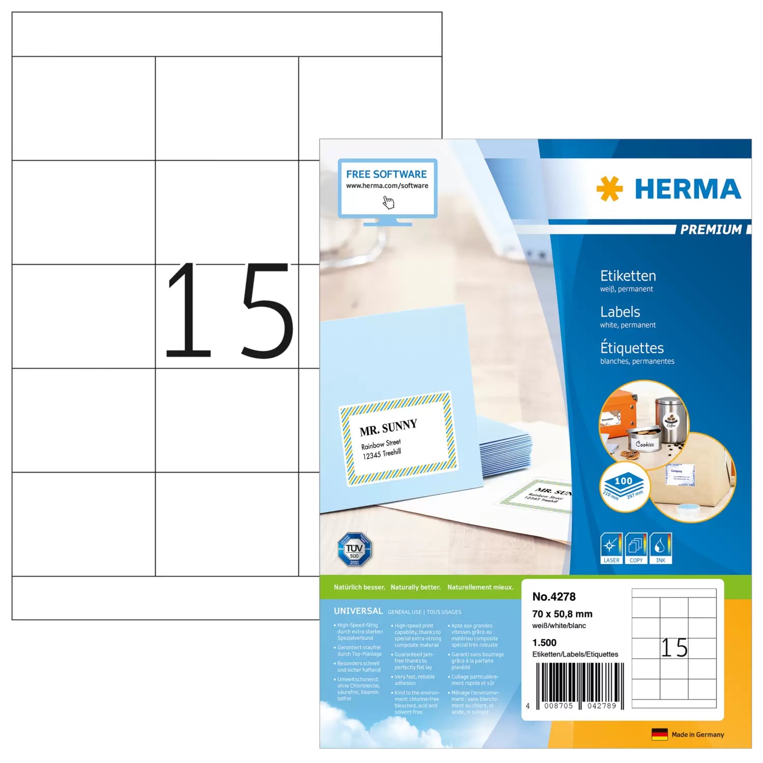 HERMA Etiketten, 70 mm × 51 mm, weiss, Papier, permanent, 100 Blätter (1500 Etiketten)