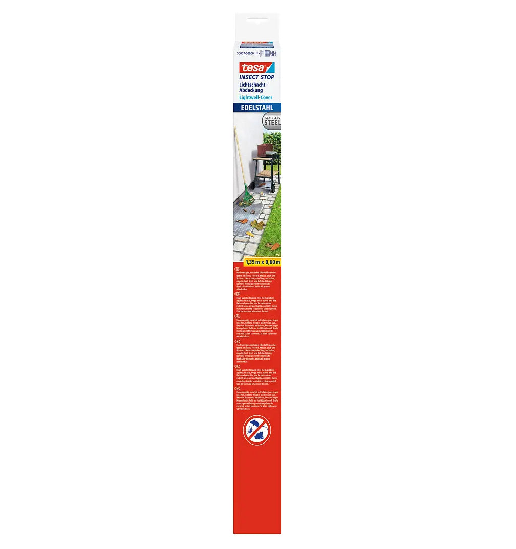 Tesa IS Lightwell Steel Fenster-Fliegengitter – 135 × 60 cm – transparent – Edelstahl – für Fenster