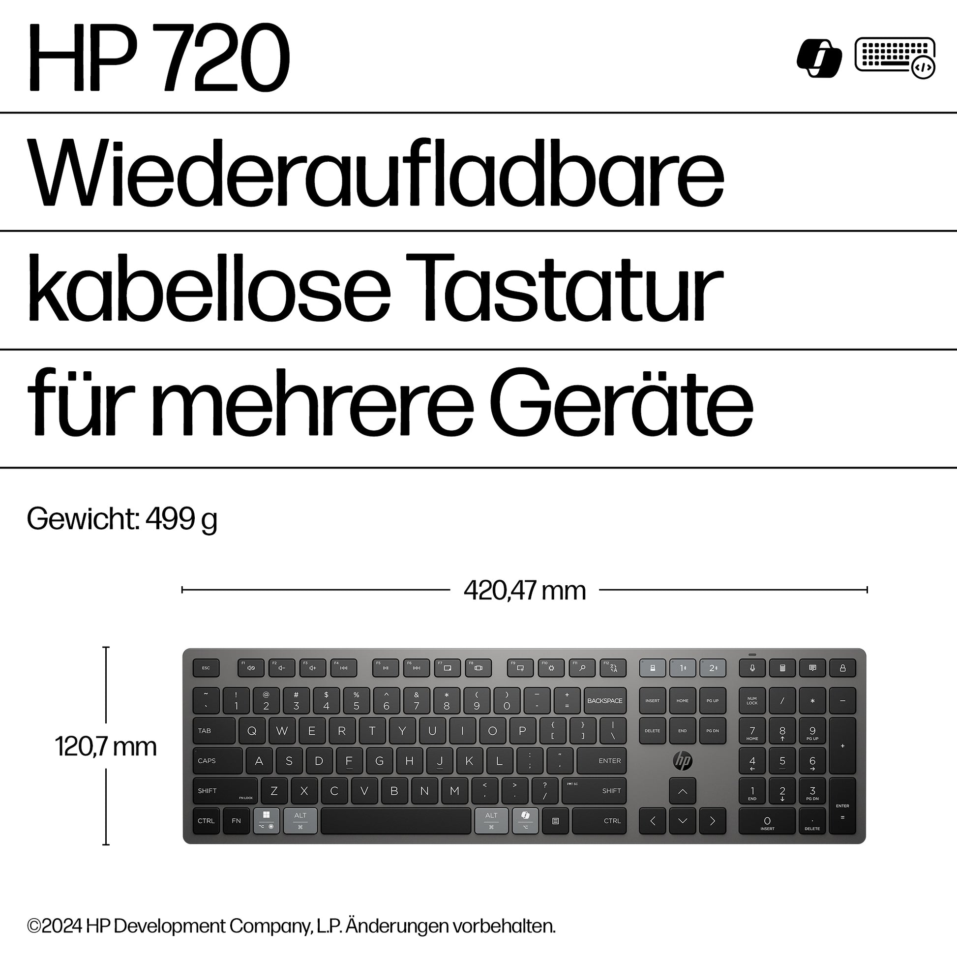 HP 720 – Tastatur, kabellos (Bluetooth/2,4 GHz), Fullsize (mit Ziffernblock) – für Windows, macOS & ChromeOS