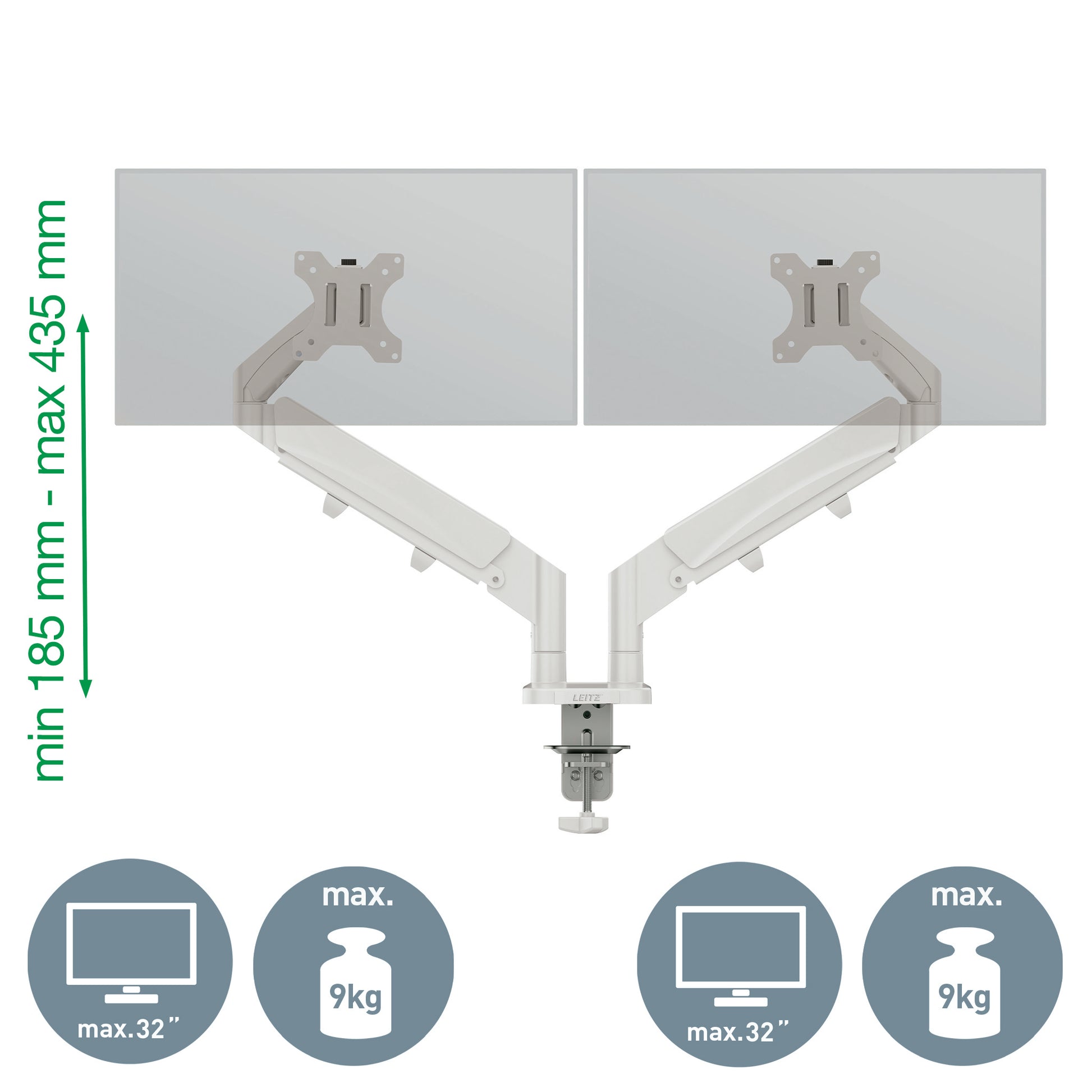 Leitz Ergo 65370085 – Monitorarm, Dual, bis 32", VESA 75 × 75/100 × 100 mm, 9 kg, grau