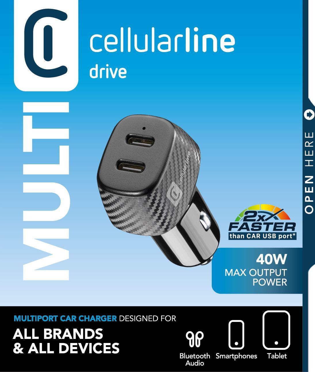 Cellularline Multiport Duo Charger PD Auto-Ladegerät 40 W – USB-C×2 – für Smartphones, Tablets