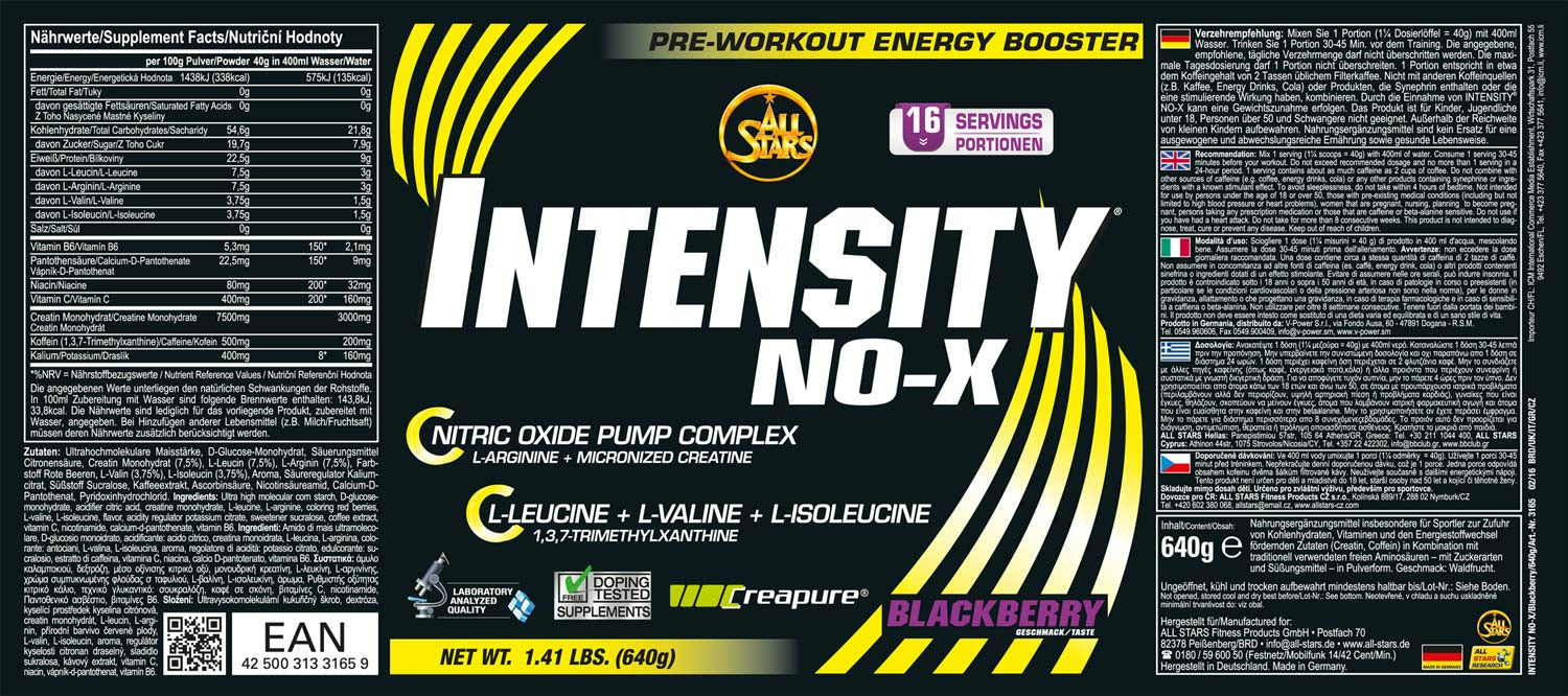 ALL STARS Fitness Products All Stars Protein Pulver Intensity NO-x Booster Brombeere – 640 g