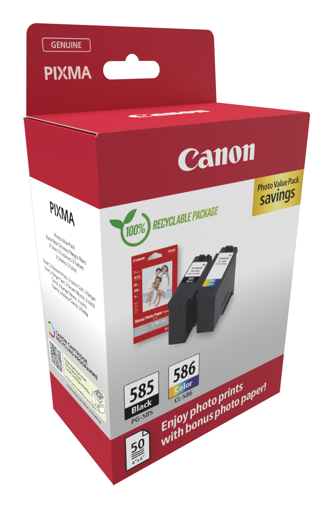 Canon Tintenpatronen-Multipack PG-585/CLI-586 Photo Cube, mit Fotopapier 3,9" × 5,9" (50 Blatt) – für Pixma
