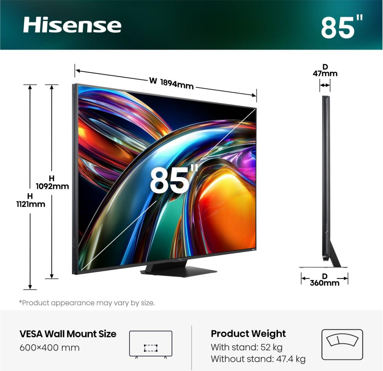 Hisense 85UR9DS – 85" TV – 4K UHD – QD‑Mini LED – VIDAA – 180 Hz – Dolby Vision IQ