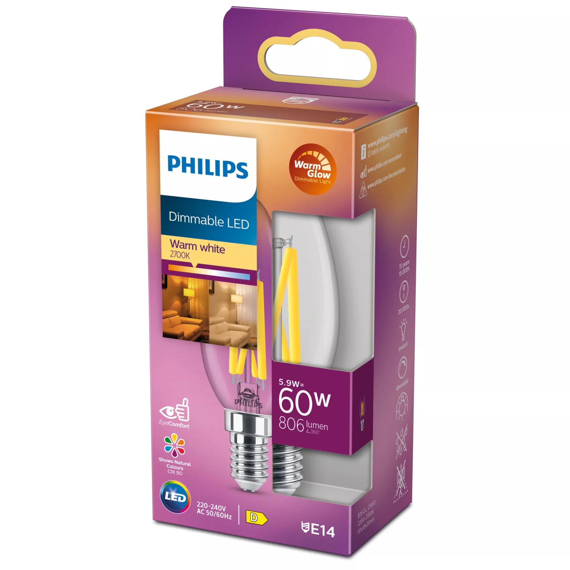 Philips by Signify Philips LED-Leuchtmittel E14 B35 – Warmweiss 2200–2700 K, 806 lm, 5,9 W – 1 Stk., Transparent