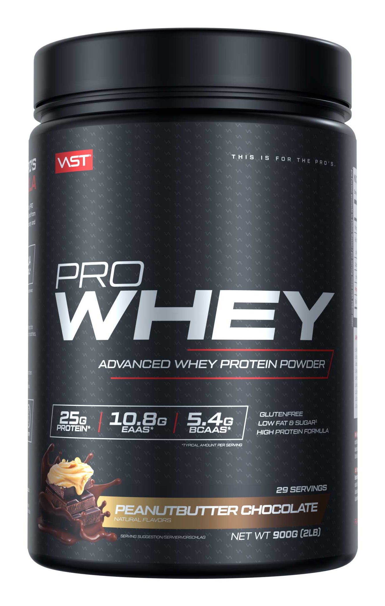 VAST Sports Whey Protein Pro Whey Schokolade, Erdnussbutter – glutenfrei – 900 g