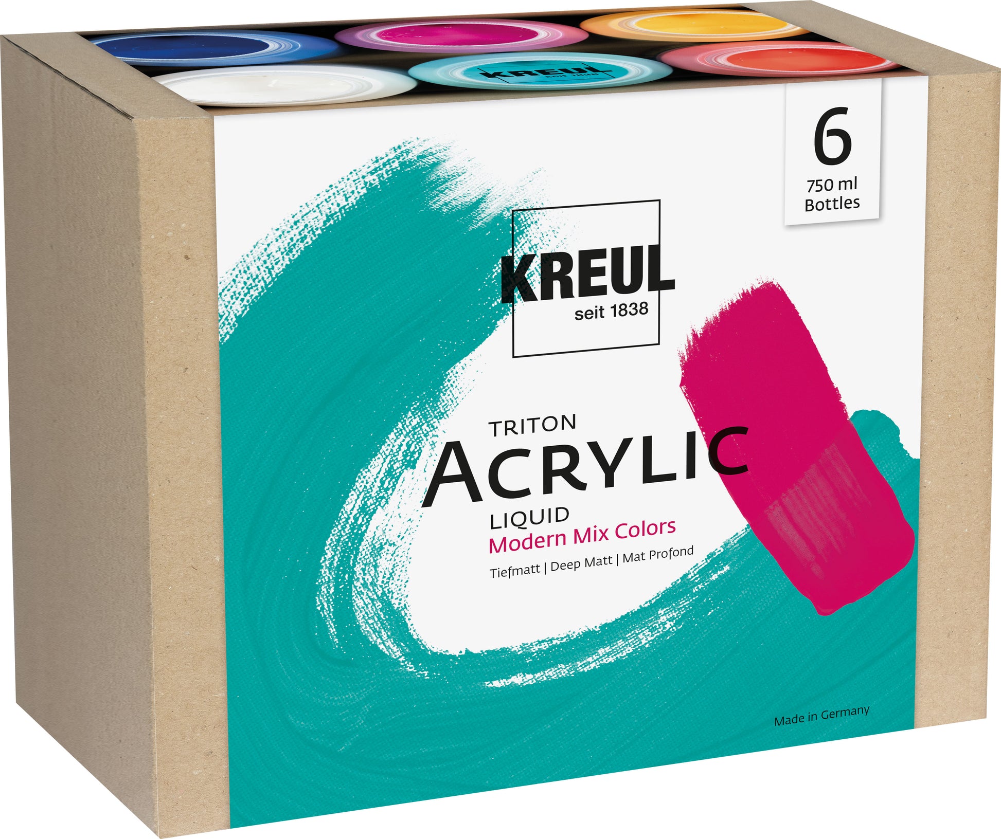 KREUL Triton Acrylfarbe – 6 Farben, matt – 6×750 ml (4,5 l) – für Papier, Holz, Metall