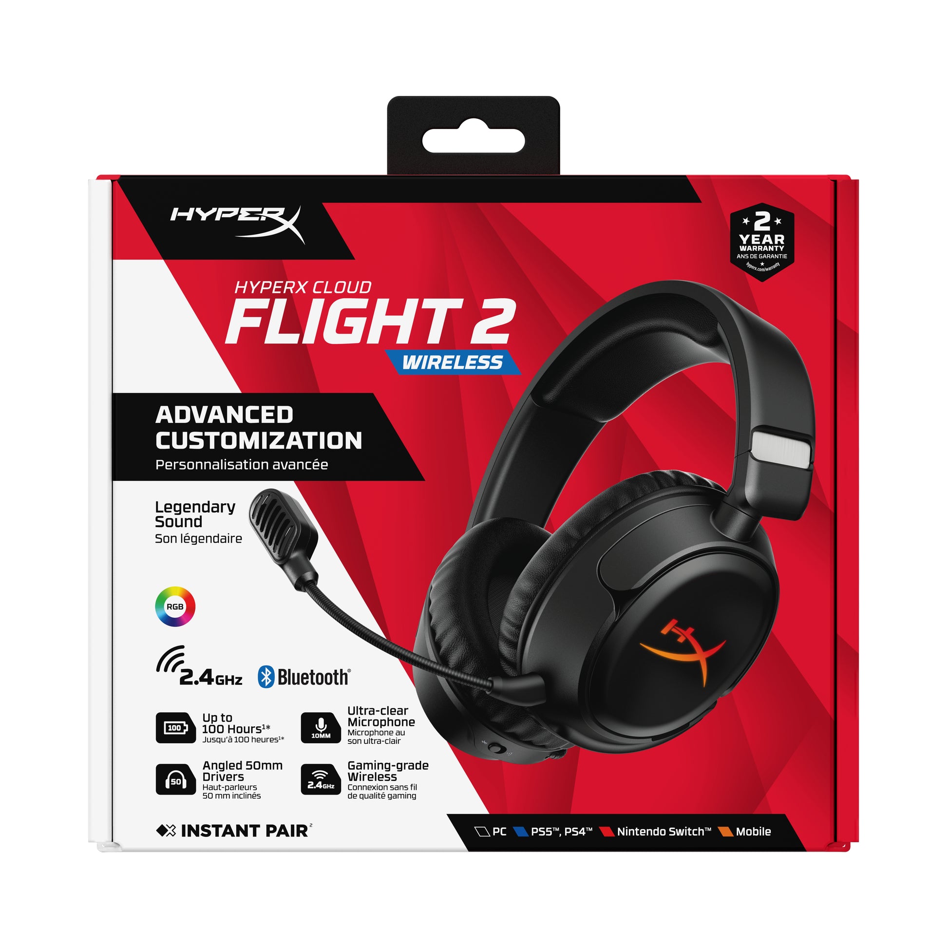 HyperX Cloud Flight 2 Gaming-Headset – Over-Ear, BT, ANC, mit USB-C-Dongle, Schwarz