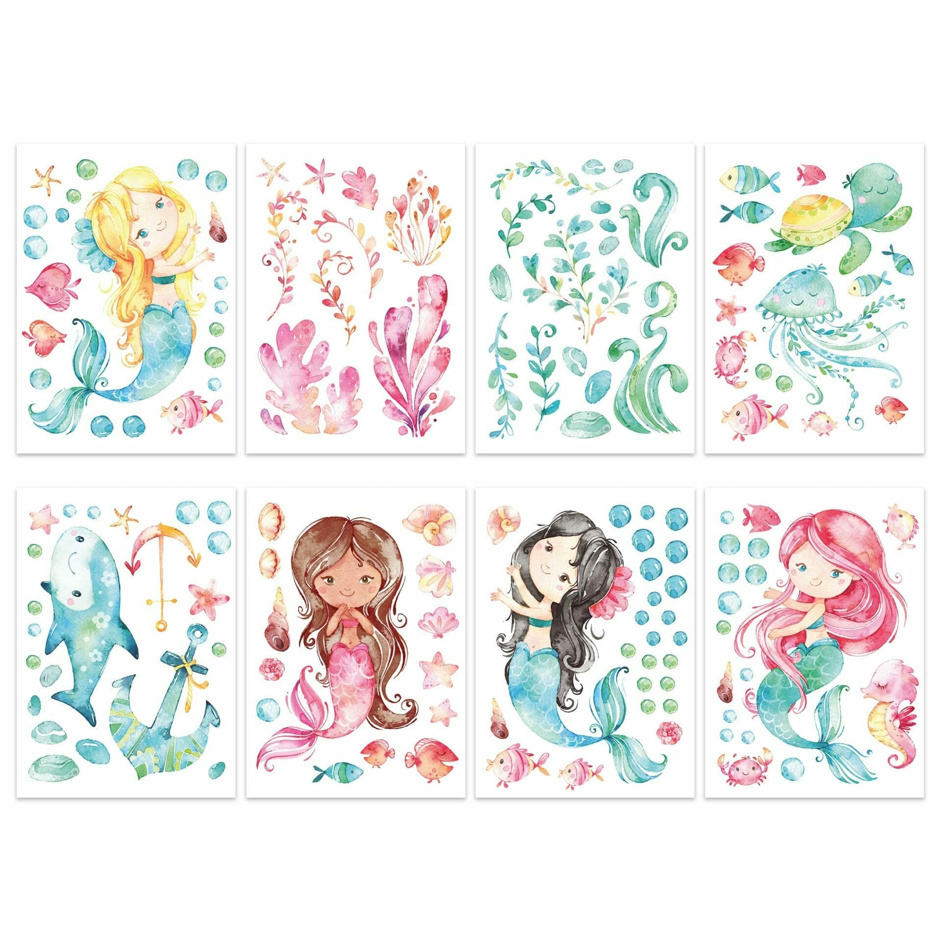 Papierdrachen Wandtattoos-Set – Meerjungfrau, 22 × 30 cm – Papier, Mehrfarbig